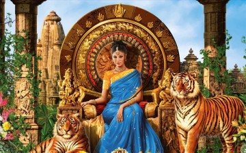 ファンタジー Painting - インドの女性とトラ ファンタジー